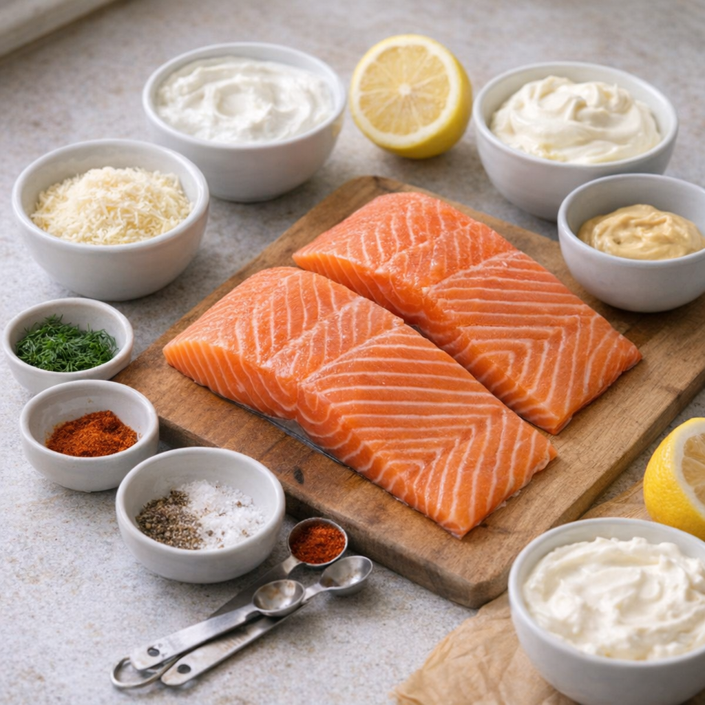 Ingredients for creamy Parmesan salmon arranged on a counter