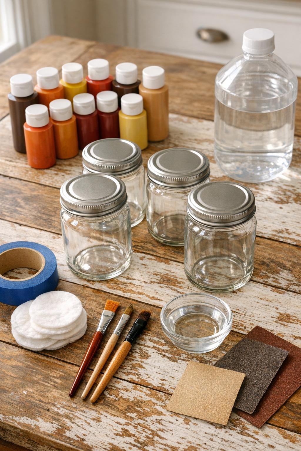 Four clean glass mustard jars with paint and craft supplies laid out for the project
