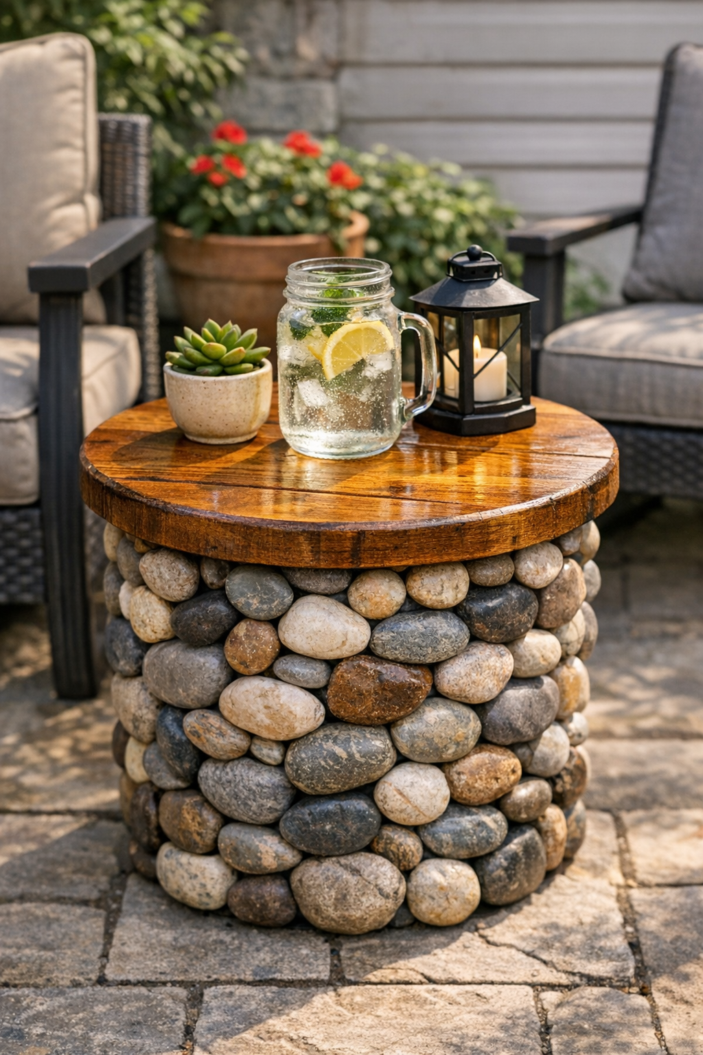 Finished rustic backyard side table made from river rocks around a bucket