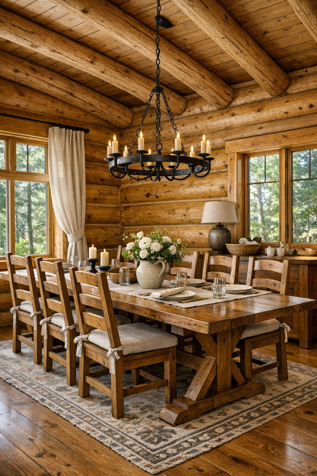 Dining room with Amish-made trestle table, wood chairs, and warm log walls