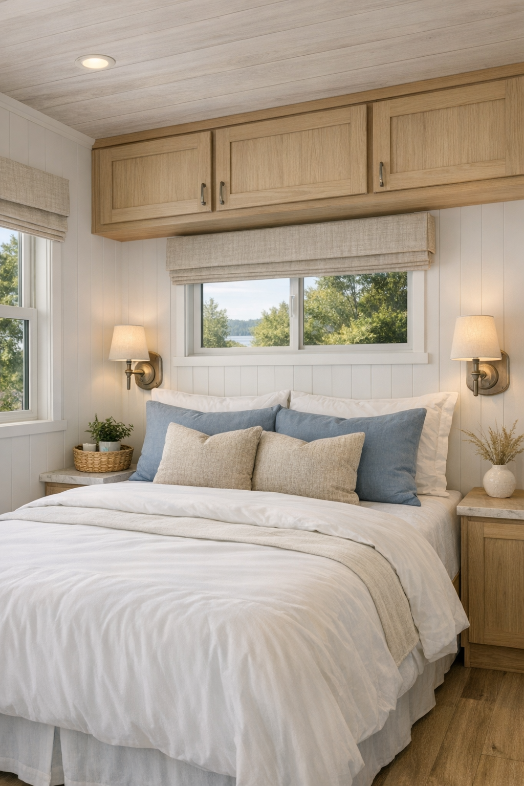 Serene coastal bedroom with layered white bedding, blue accents, and warm wood details