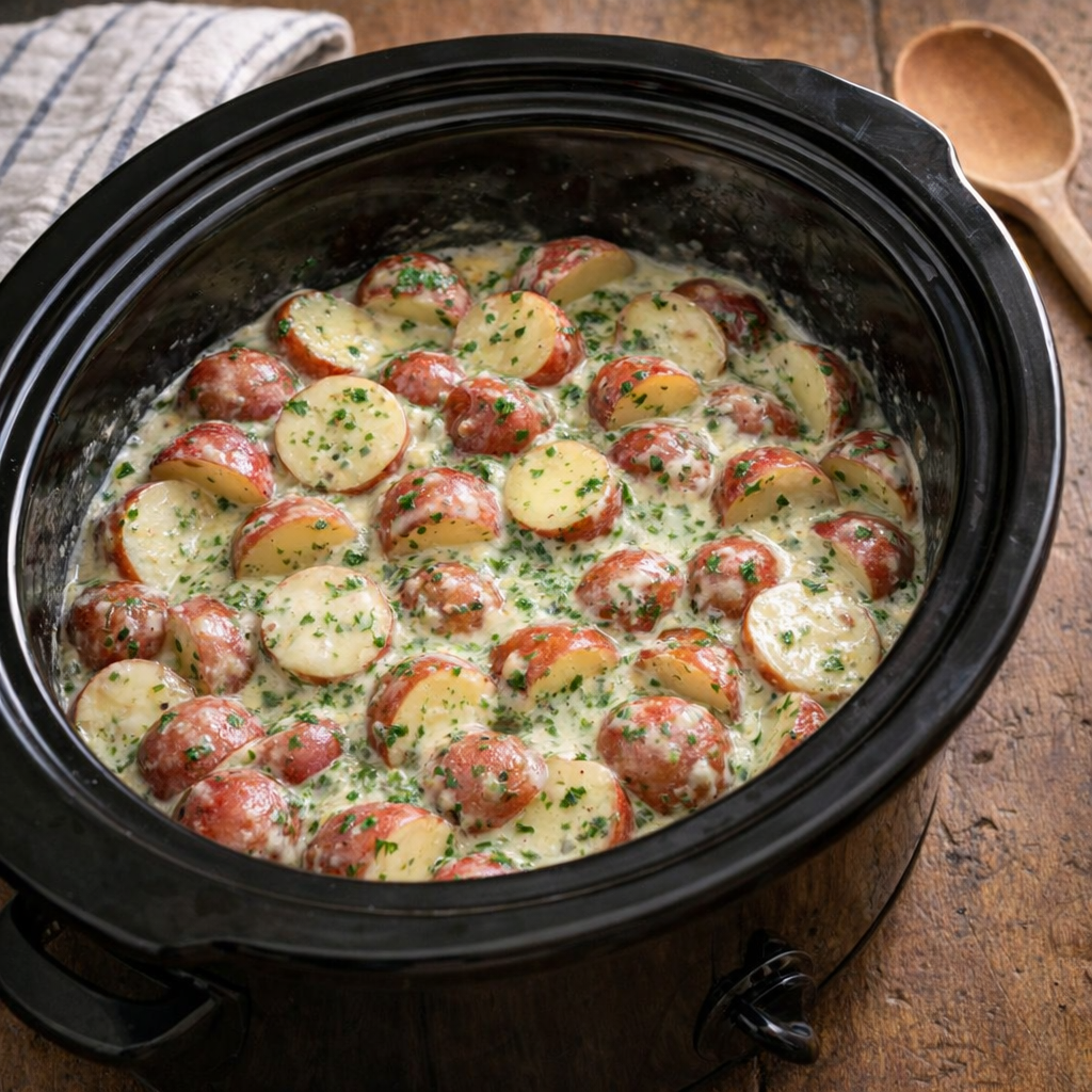 Slow cooker ranch potatoes in a rustic kitchen