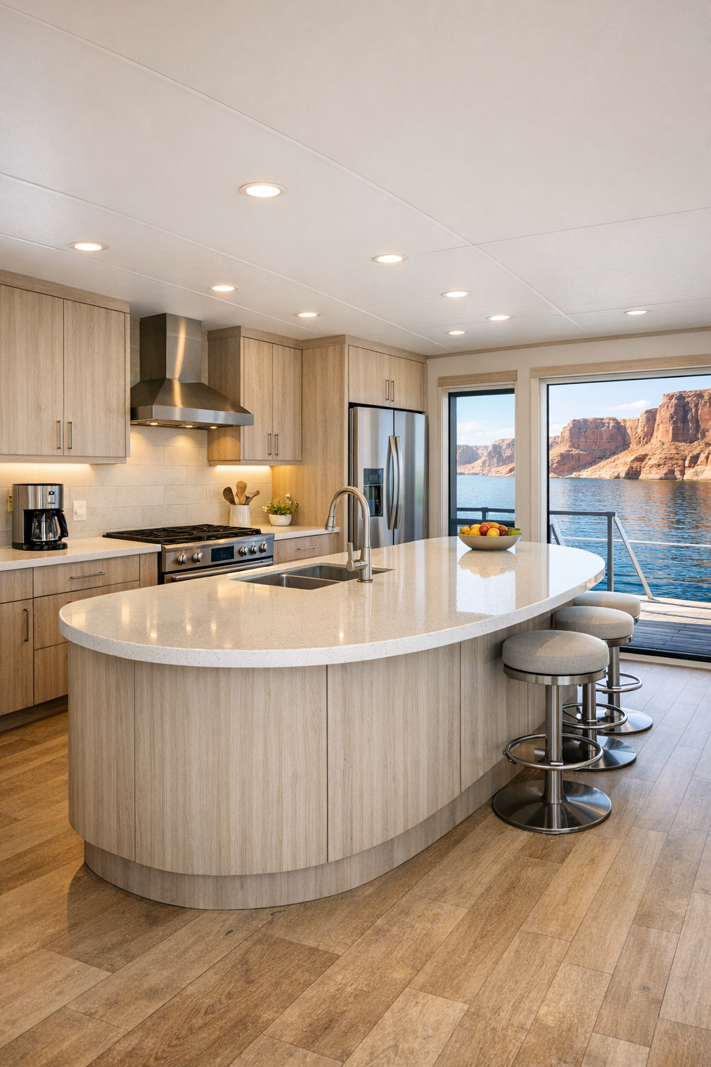 Accessible modern houseboat kitchen with driftwood cabinetry and quartz island