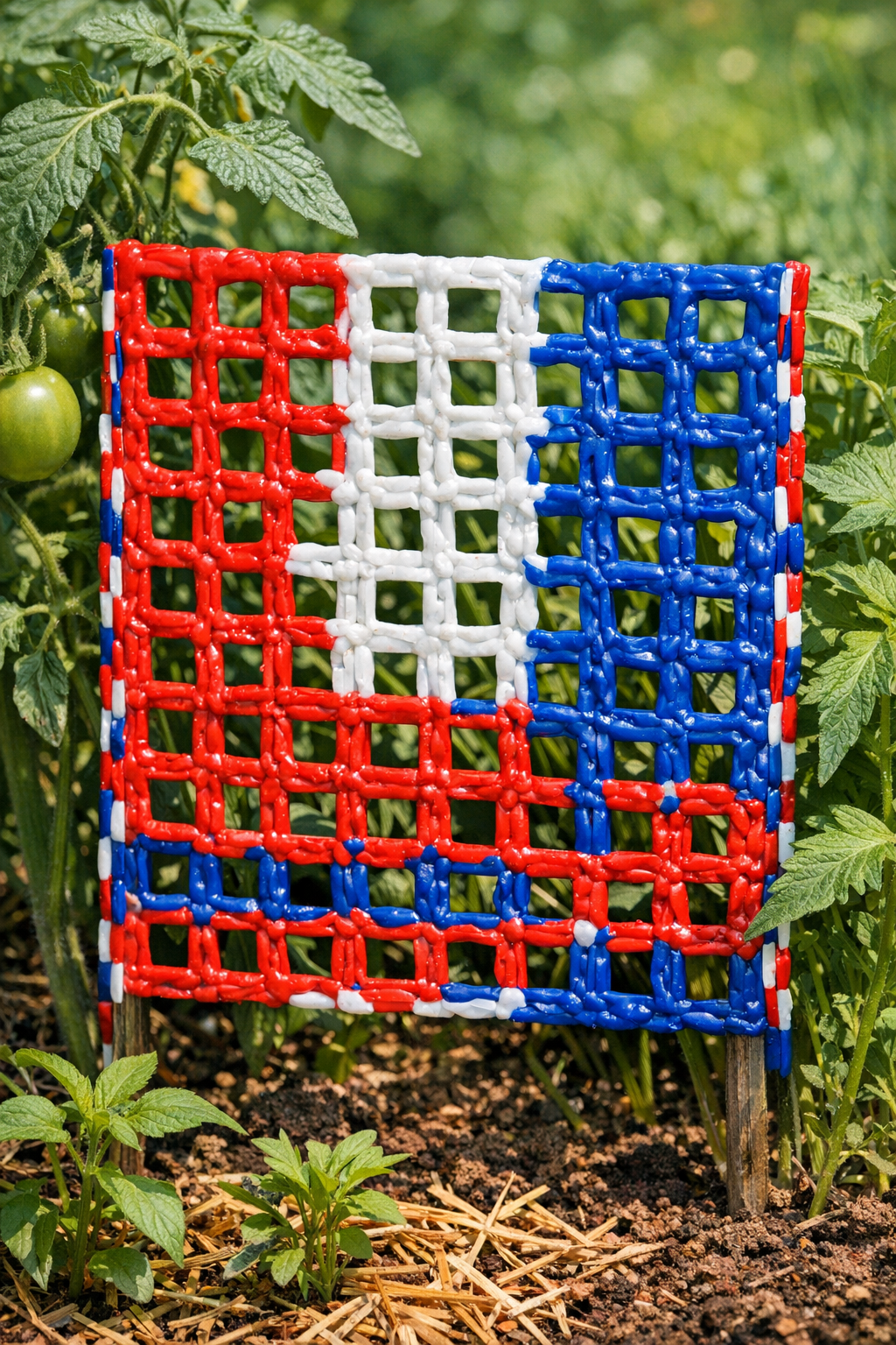 Finished red, white, and blue DIY garden mesh panel used as a plant support