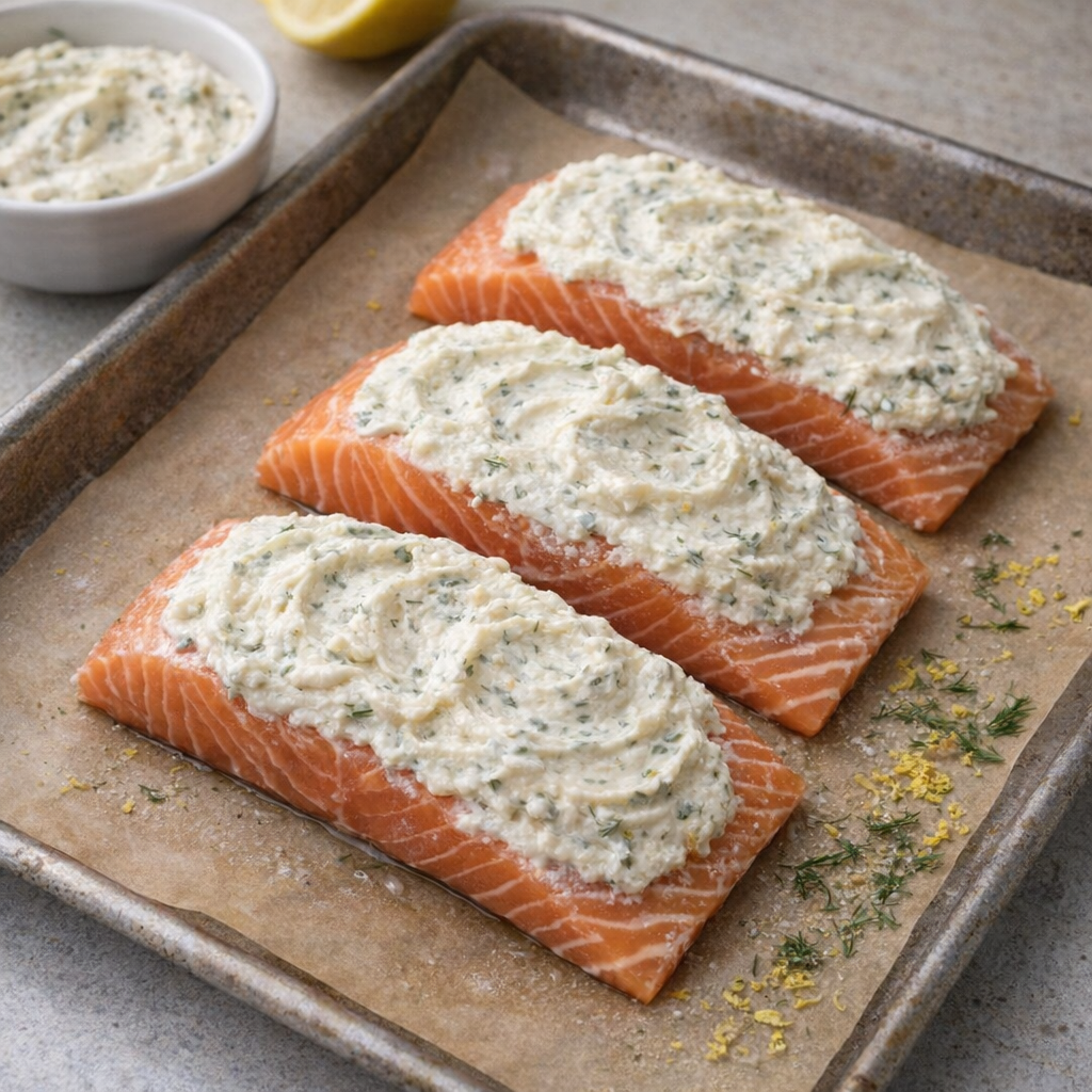Salmon fillet with creamy Parmesan topping ready for baking