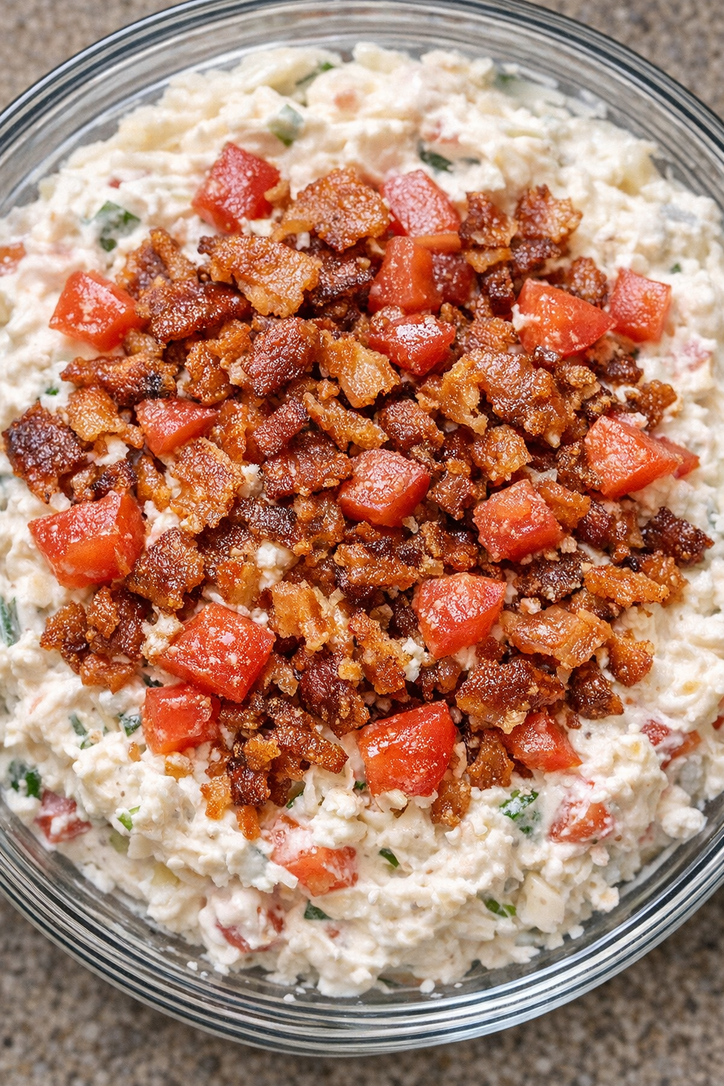 Southern 4-ingredient BLT dip in a glass serving bowl