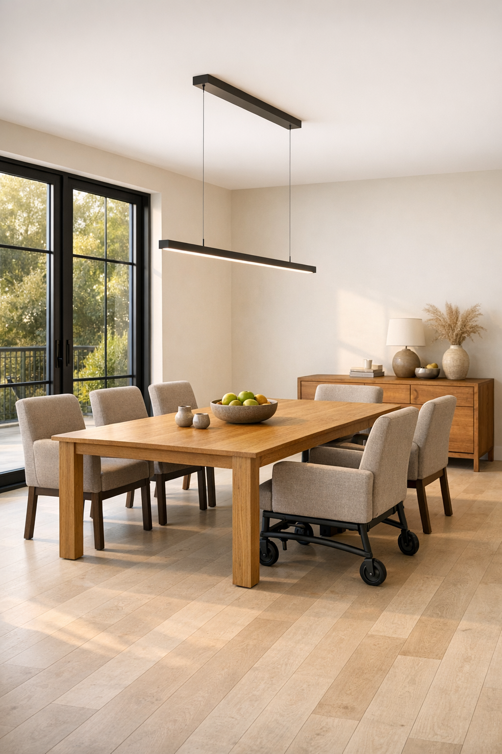 Warm modern dining room with oak table and upholstered chairs