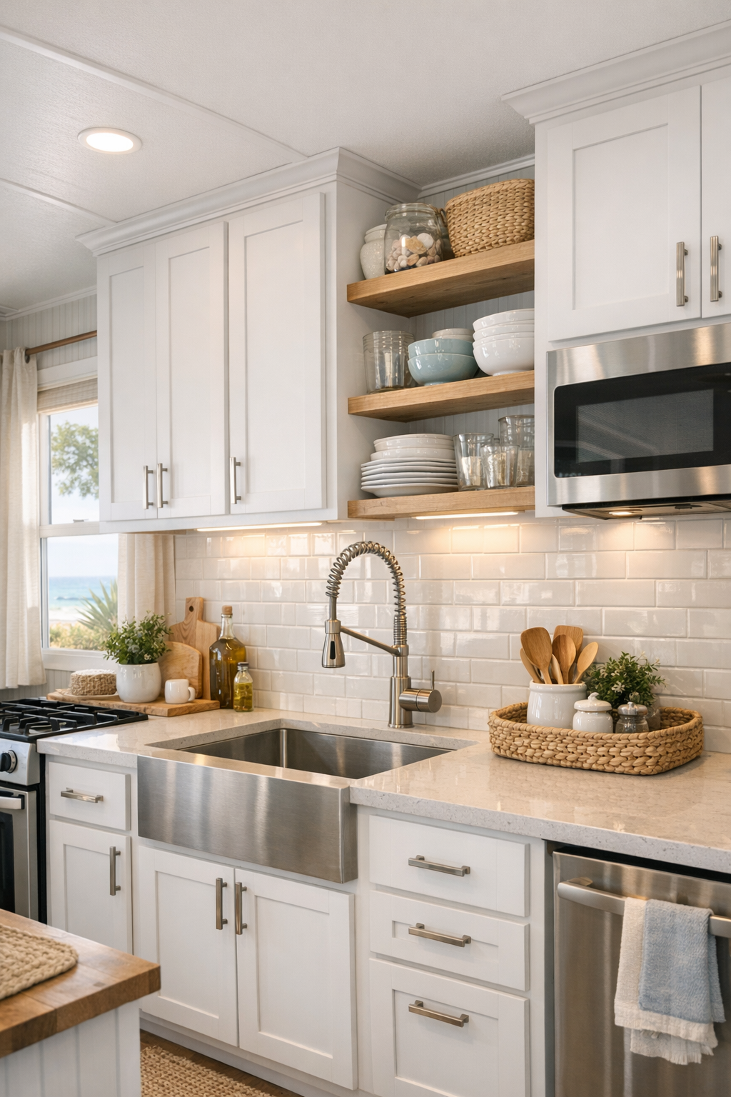Compact coastal kitchen with shaker cabinets, quartz counters, and a glossy tile backsplash