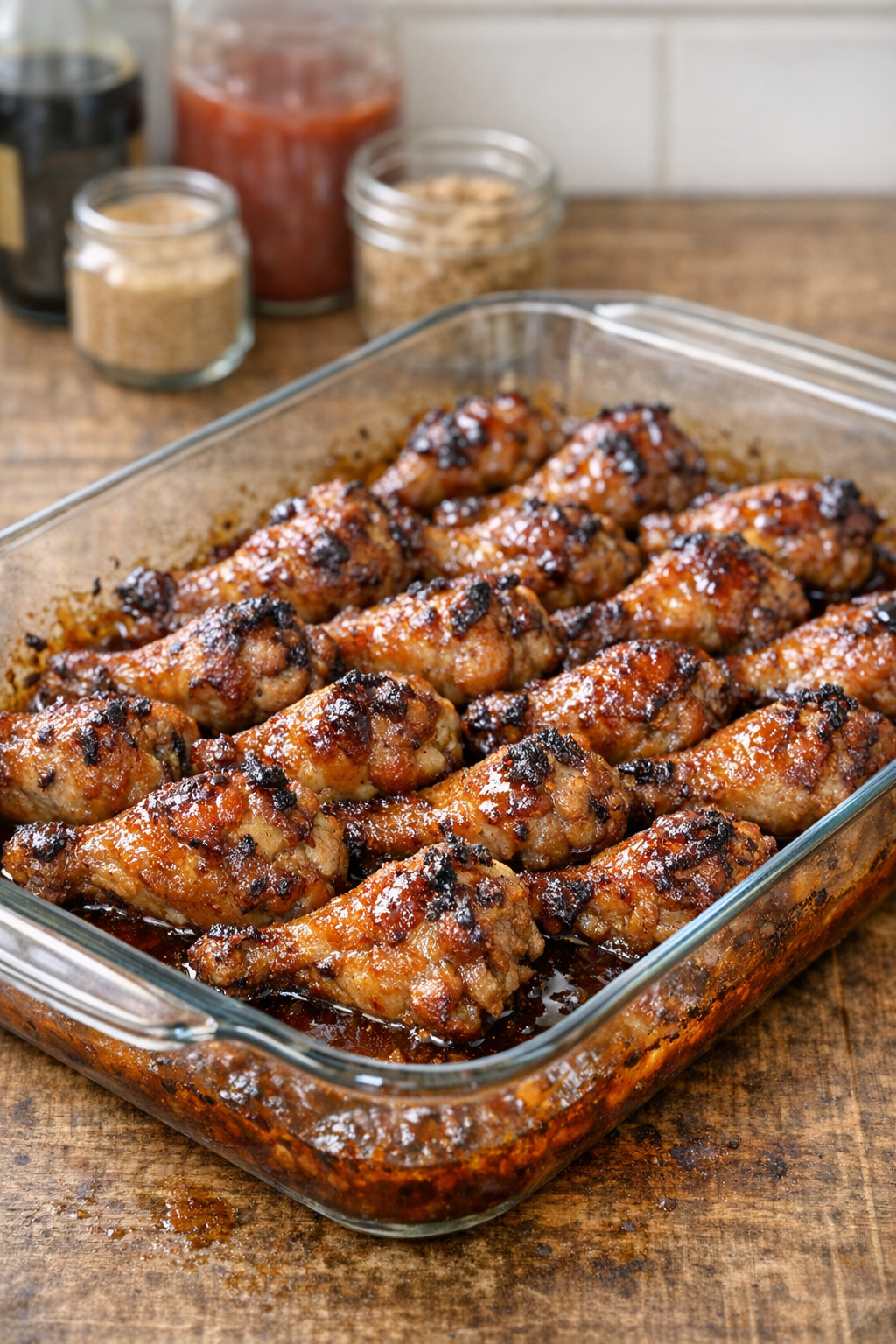 Finished baked chicken drumettes in a glass baking dish
