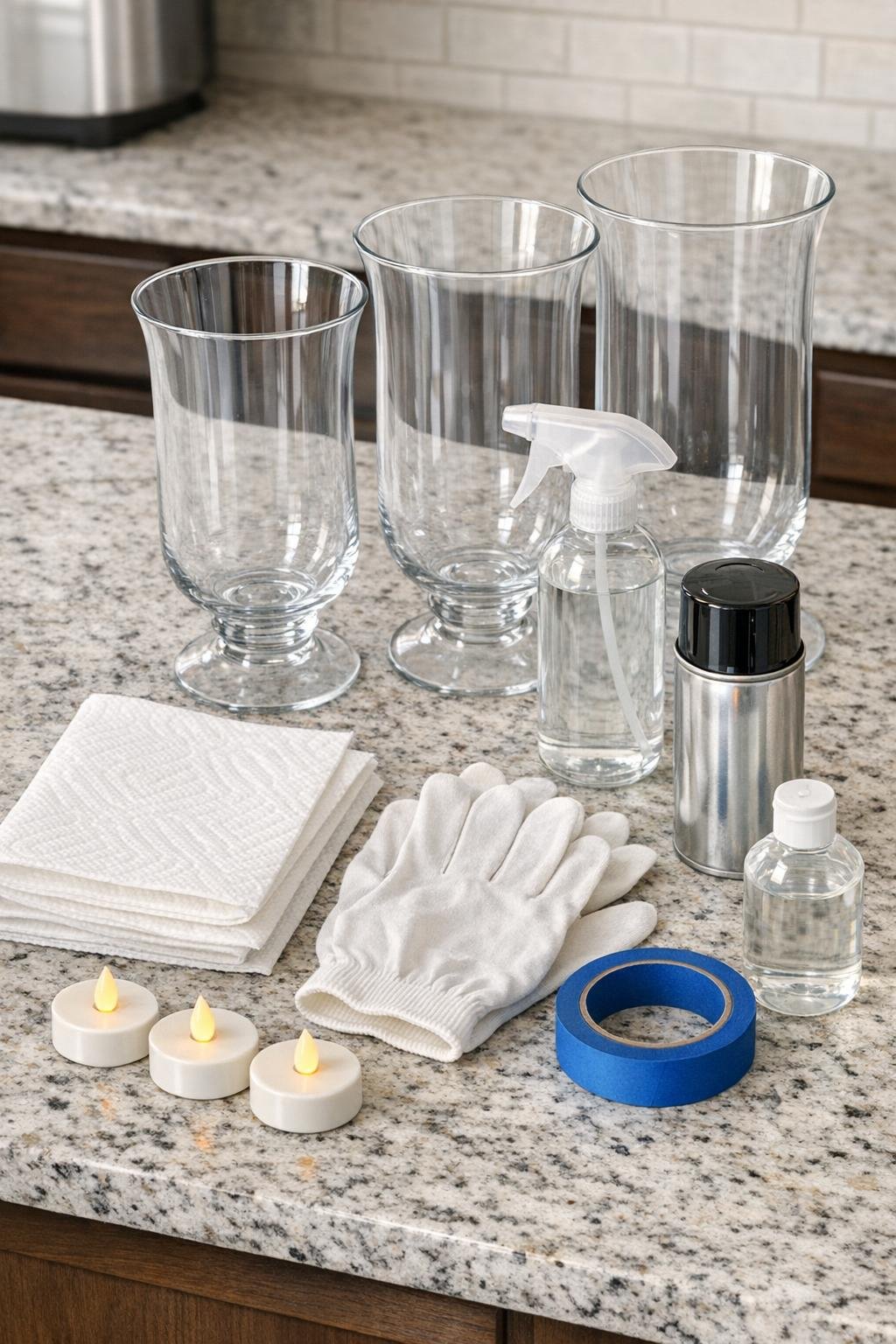 Materials for making three mercury glass hurricane vases laid out on a counter