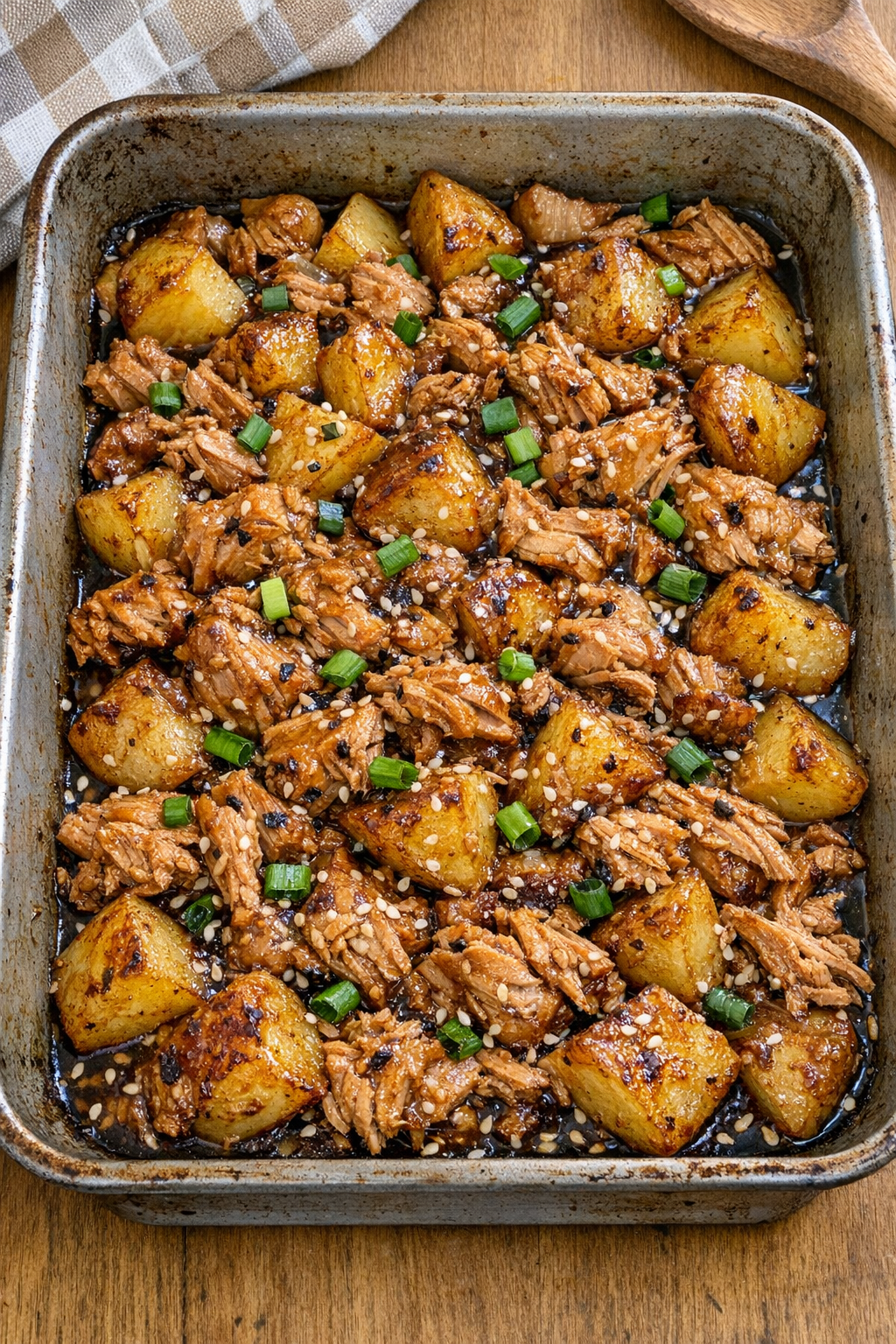 Finished baked teriyaki tuna and potatoes in a rustic roasting pan