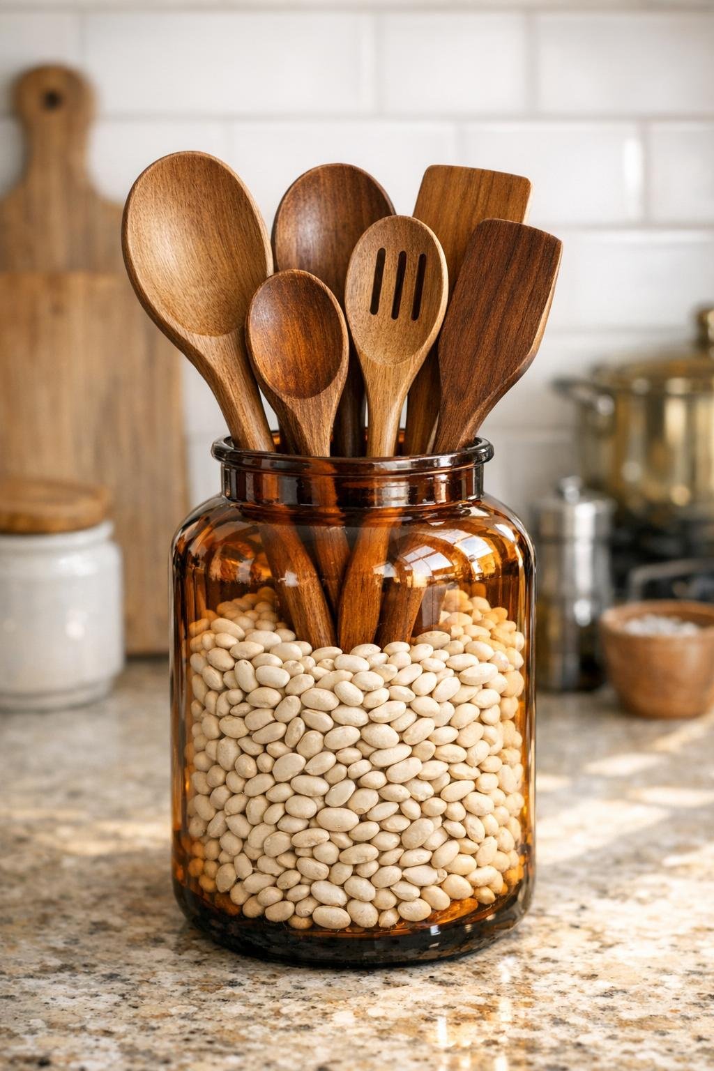Finished amber glass utensil crock filled with white beans and wooden spoons