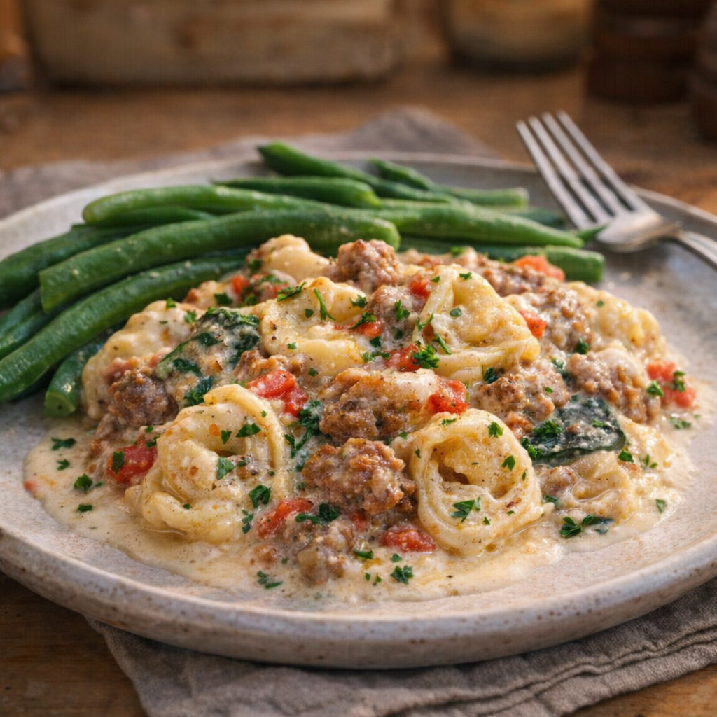 Servering av krämig korvtortellini bakad på en tallrik med gröna bönor