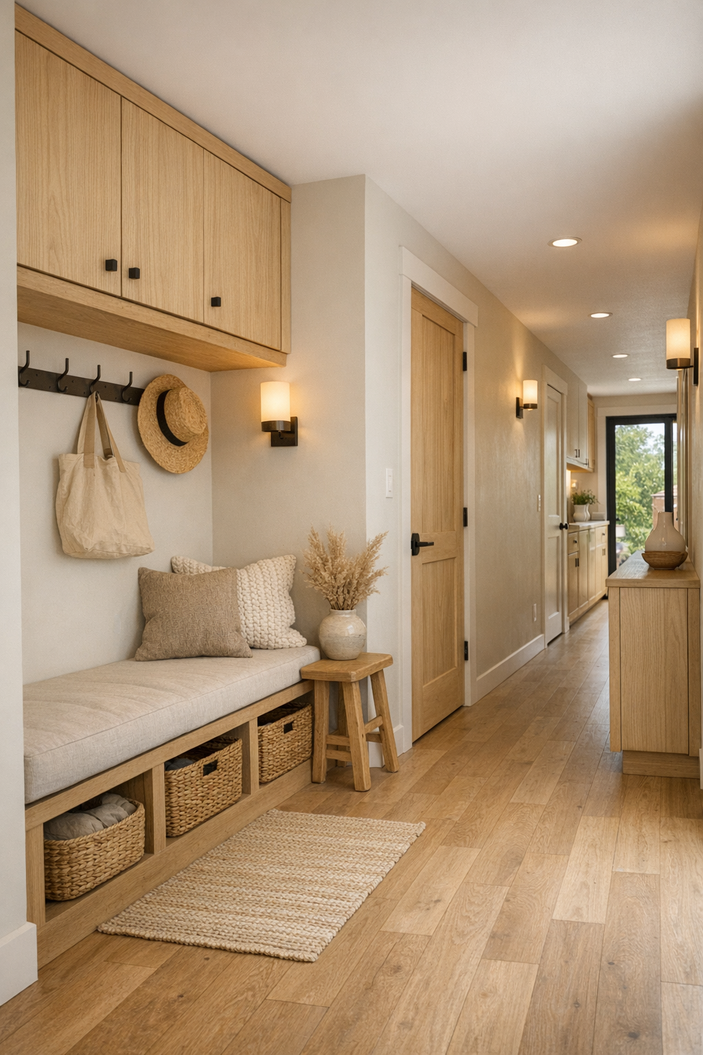 Thoughtful secondary space with built-in bench, pale oak floors, and warm storage details