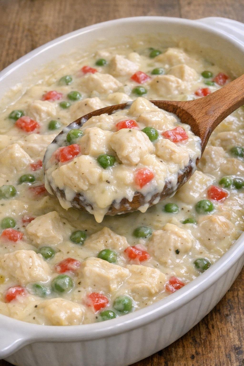 Creamy chicken a la king casserole in an oval dish