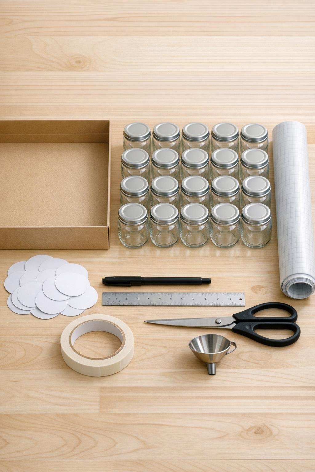 Materials for a baby food jar spice drawer organizer laid out neatly