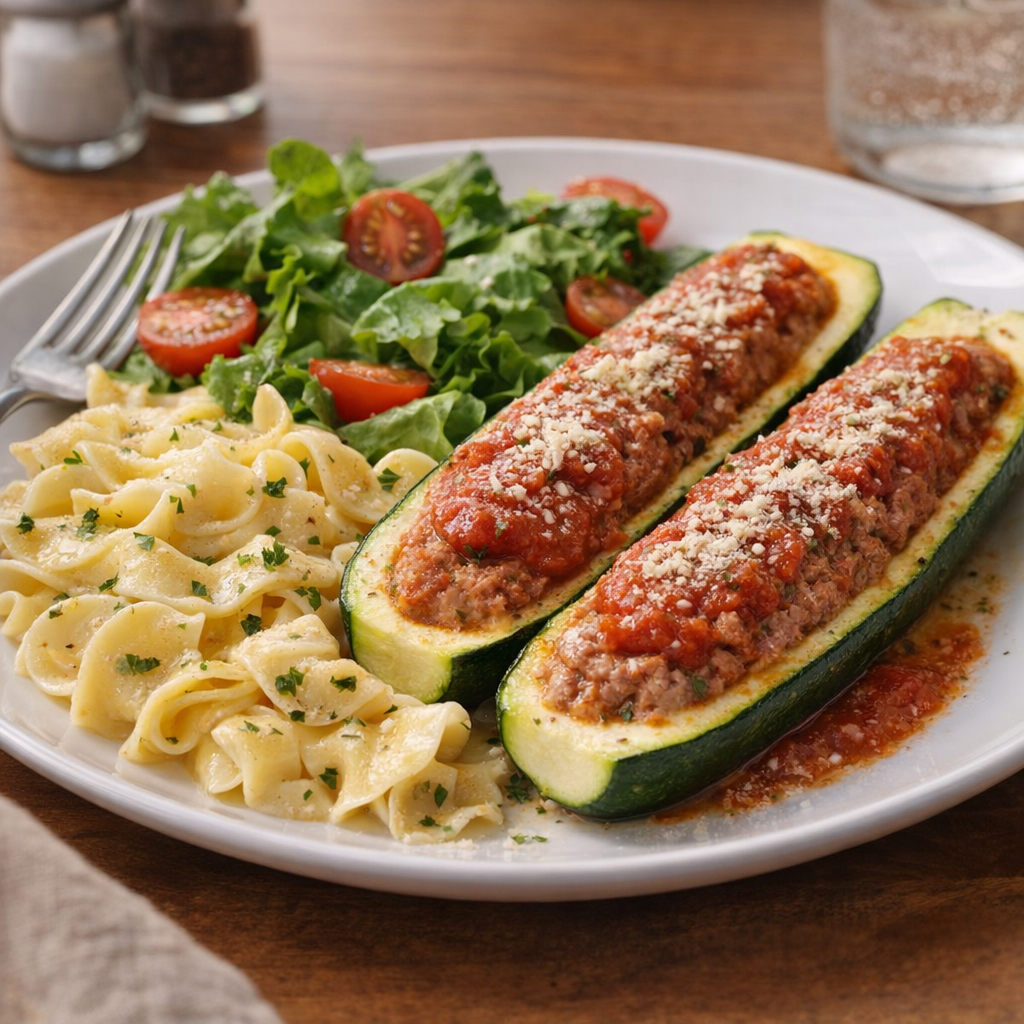Plated stuffed zucchini dinner with family-style sides