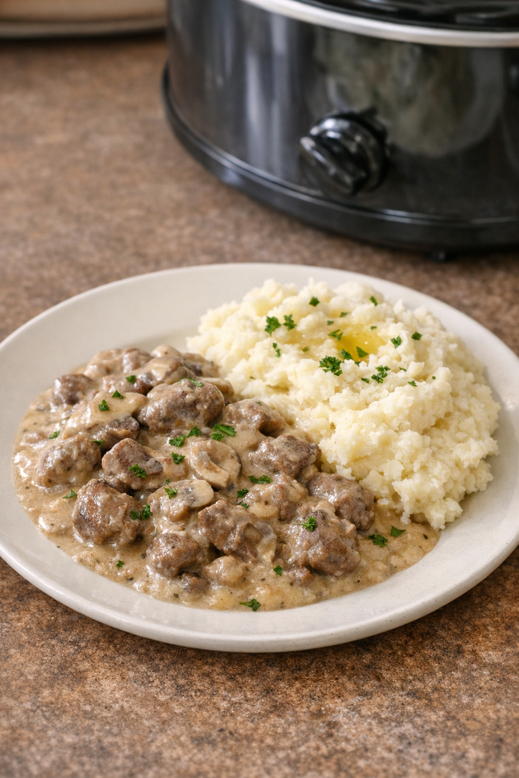 Finished creamy beef kidney supper plated with mashed potatoes