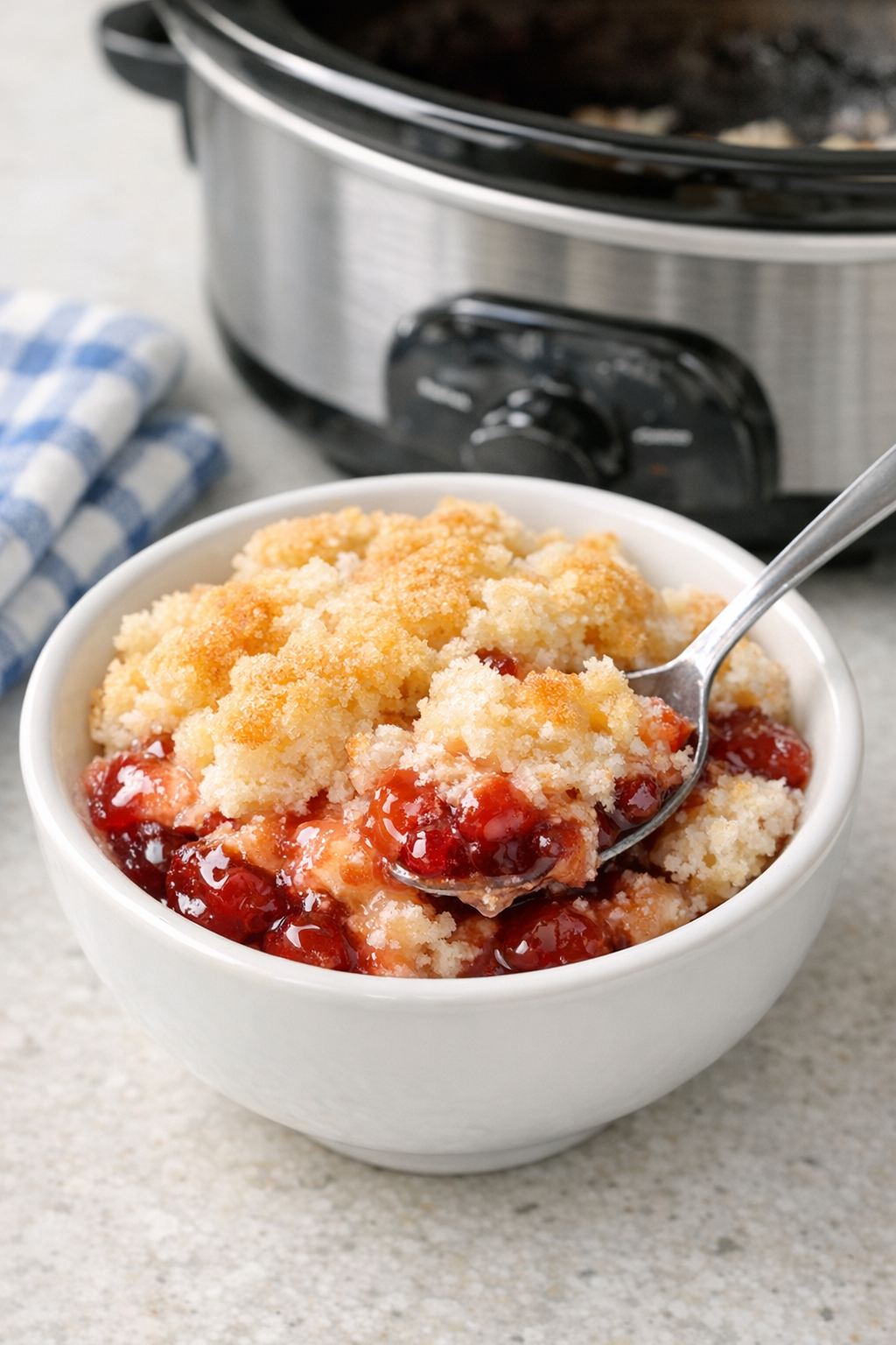 Finished slow cooker fruit cake dessert in a serving bowl