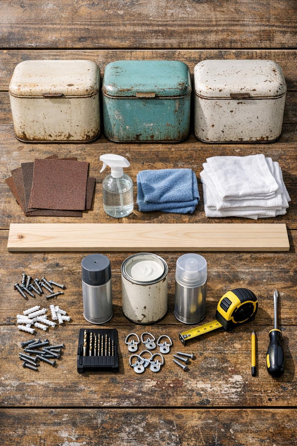 Three old metal bread boxes and hardware laid out for the wall organizer project