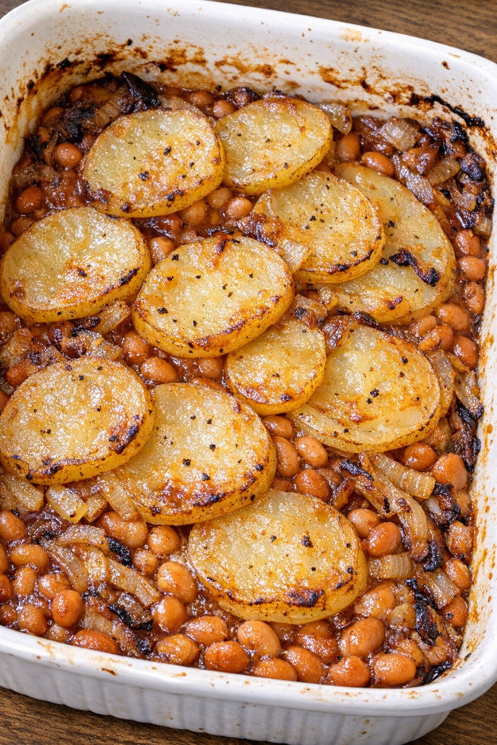 Baked potato and bean casserole in a white dish