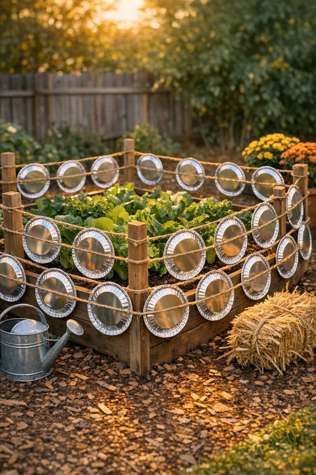 Completed raised bed critter barrier made from aluminum pie tins around a garden bed