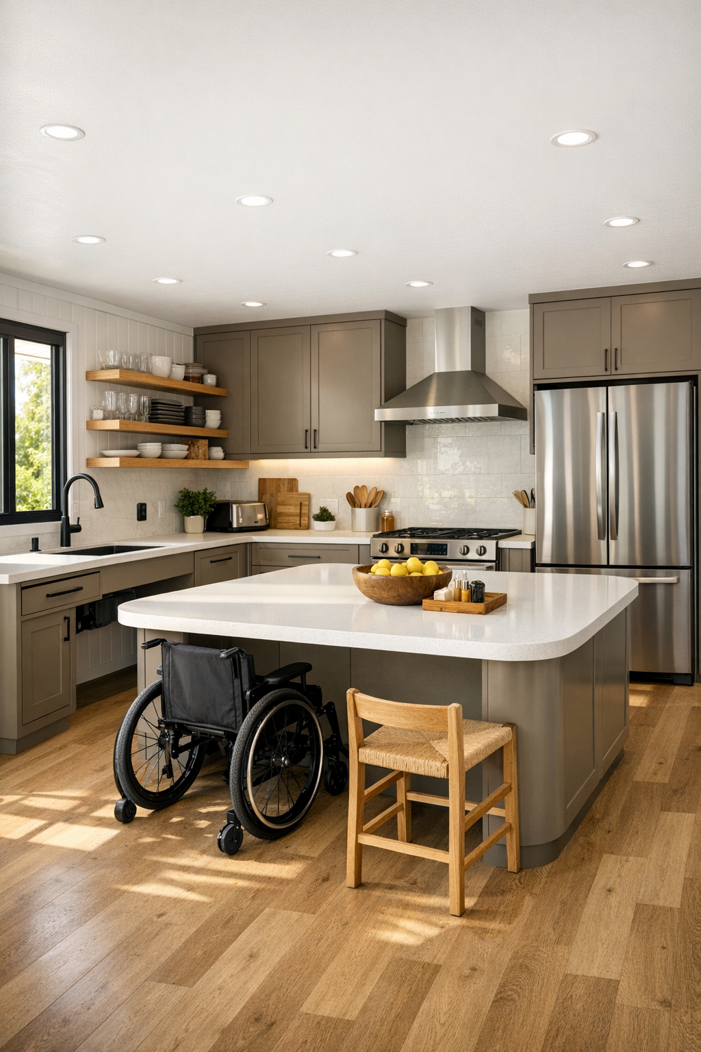 Accessible modern kitchen with warm taupe cabinets, white counters, and a large island inside a container home