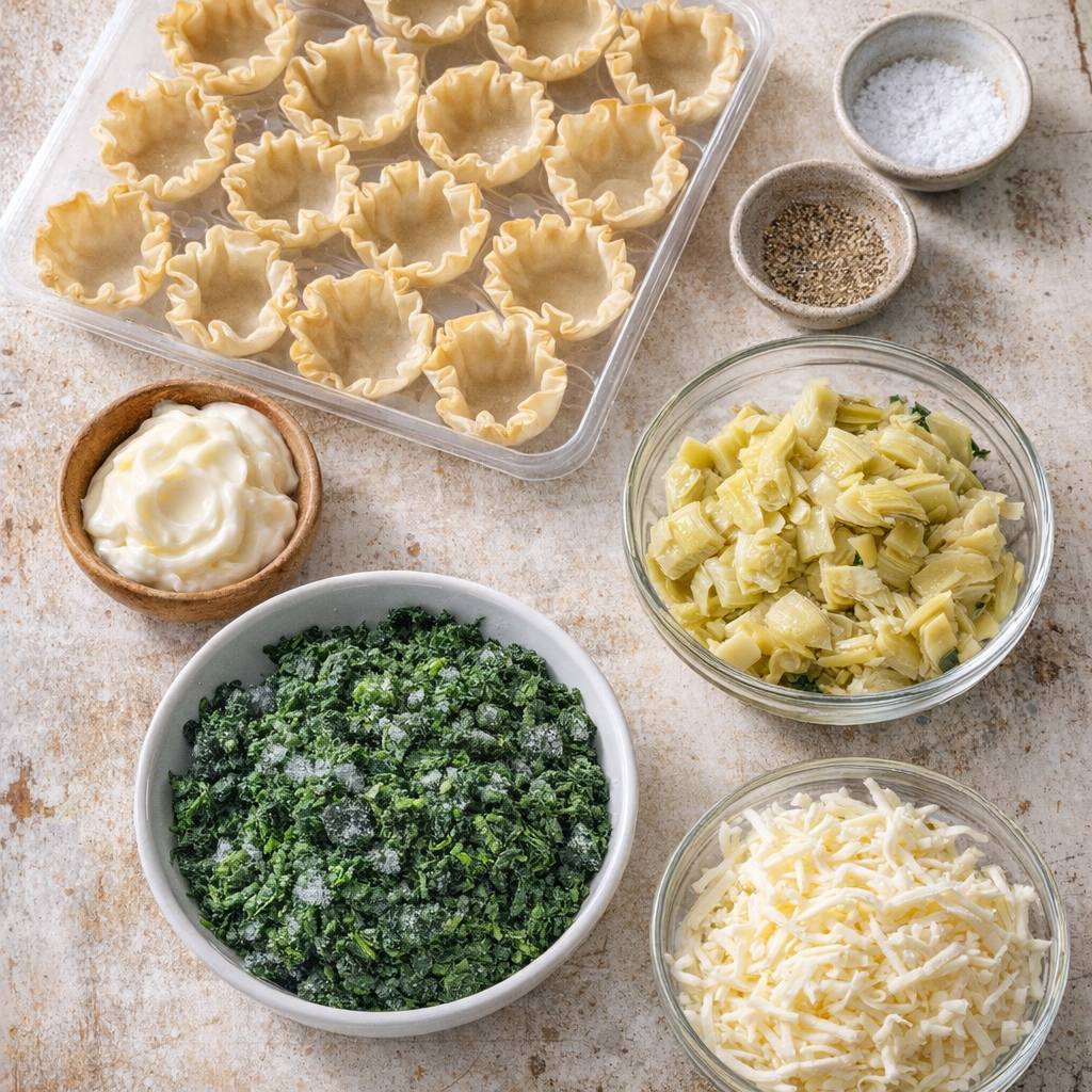 Ingredients for spinach artichoke cups spread on a farmhouse counter