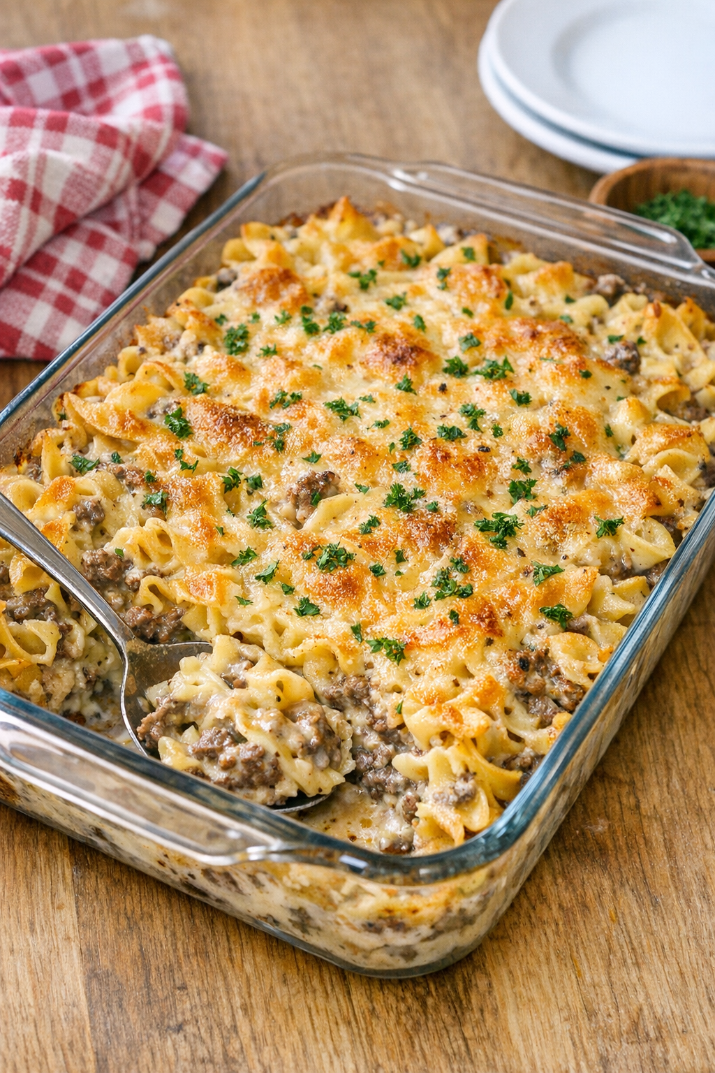 Finished Amish beef and noodle bake in a baking dish