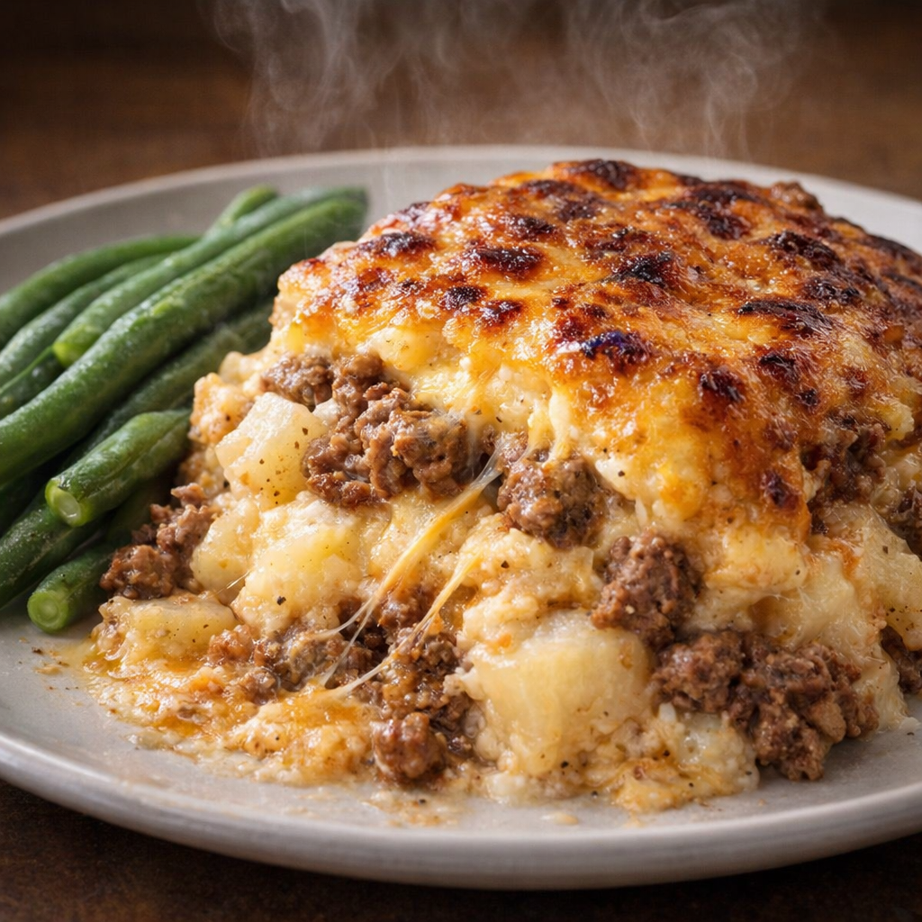 A plated scoop of cheesy beef potatoes