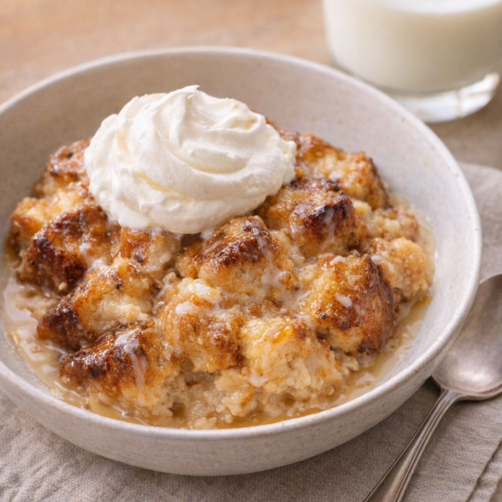 Bread pudding served with whipped cream