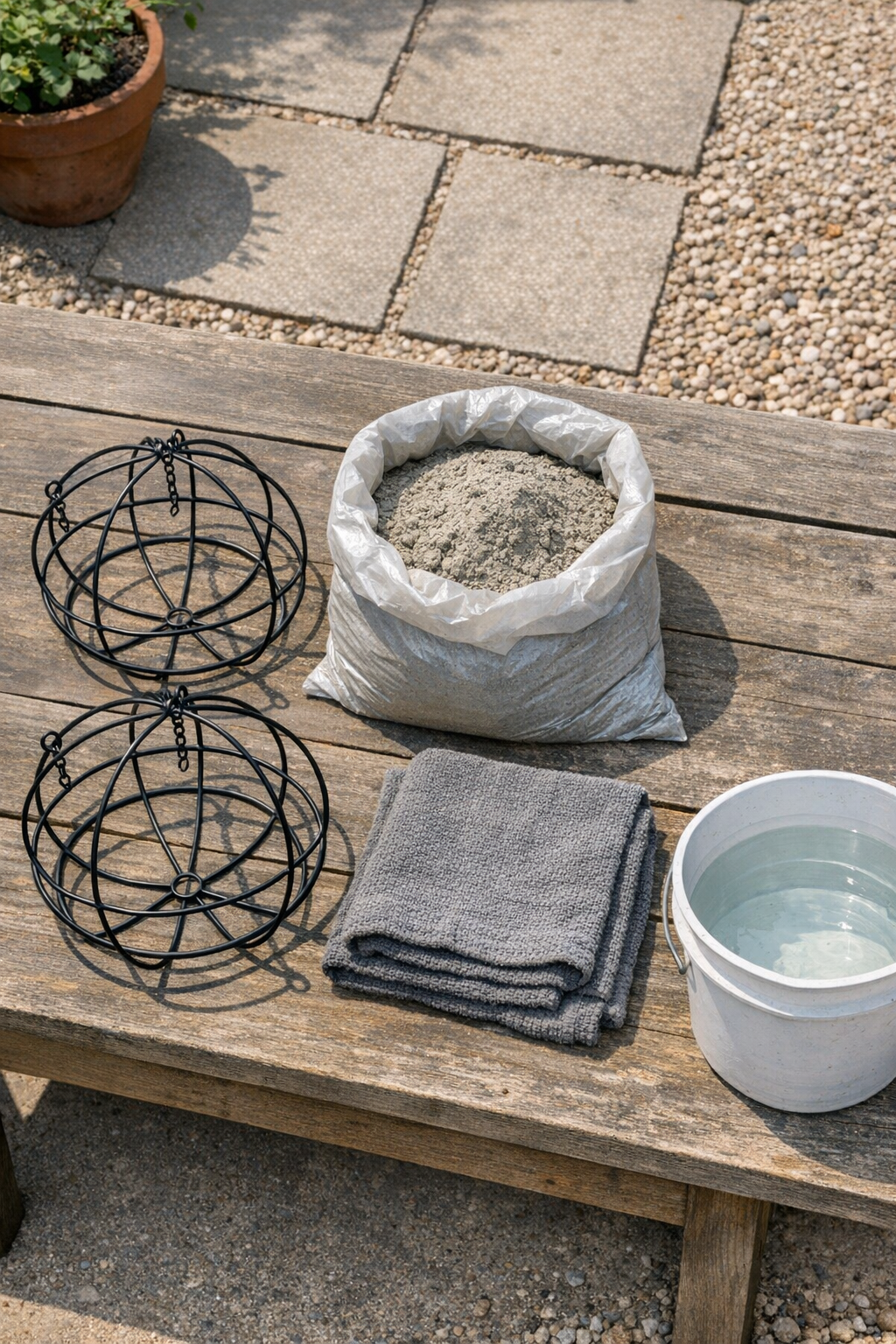 Materials for making textured cement patio spheres laid out on a worktable