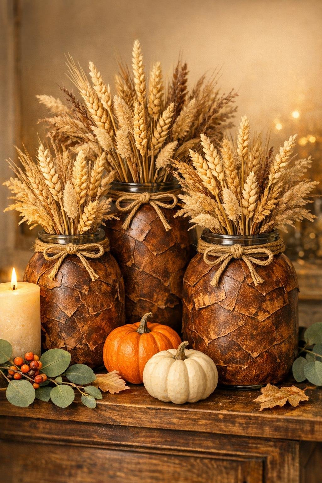Completed faux leather harvest vases styled with wheat stems for fall