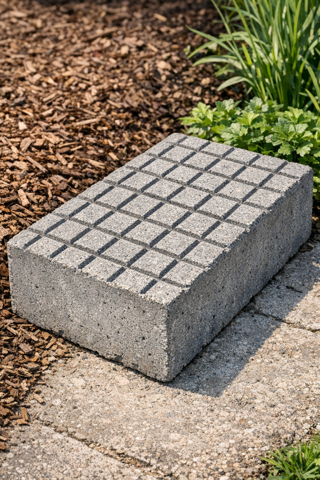Finished heavy crosshatched yard block made from cement and grill baskets