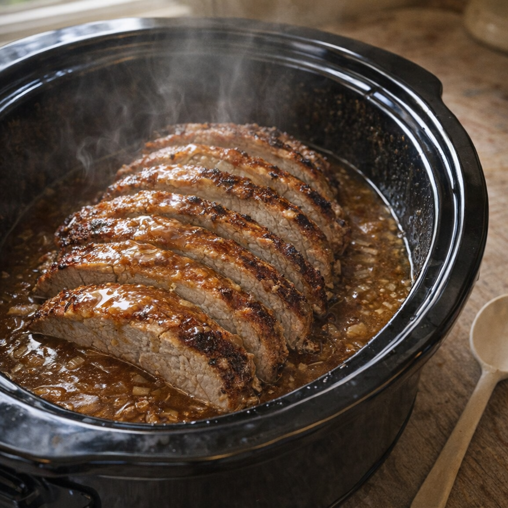Slow cooker pork roast with onion gravy in a country kitchen