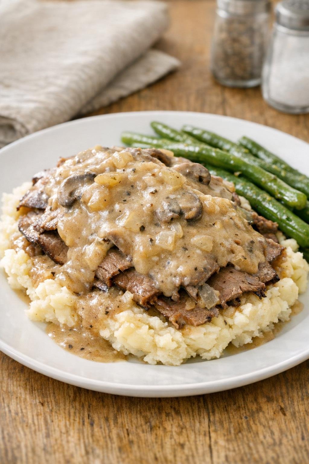 Finished plated smothered deli roast beef with creamy mushroom gravy
