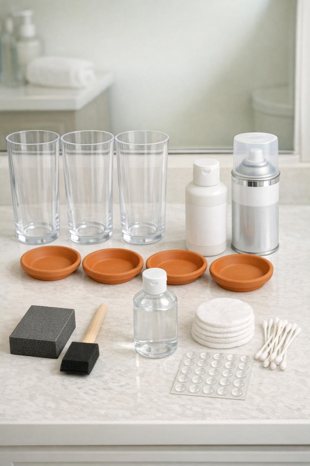Materials for acrylic tumbler and terra cotta saucer bathroom storage