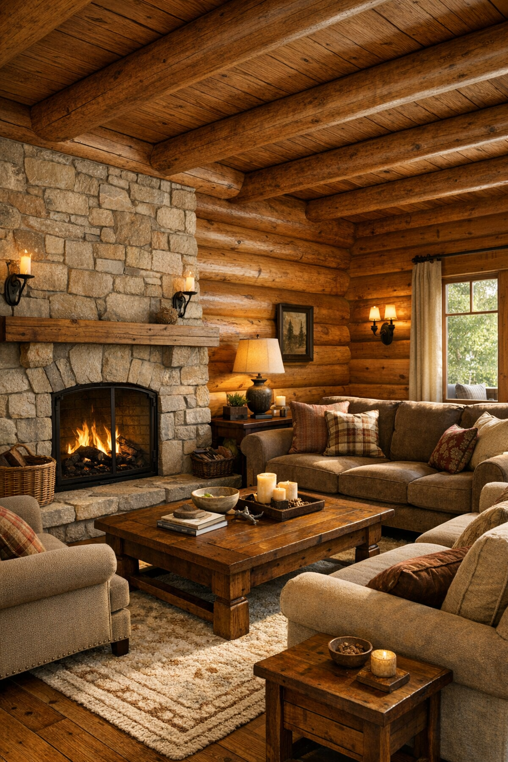 Warm log home living room with stone fireplace and comfortable family seating