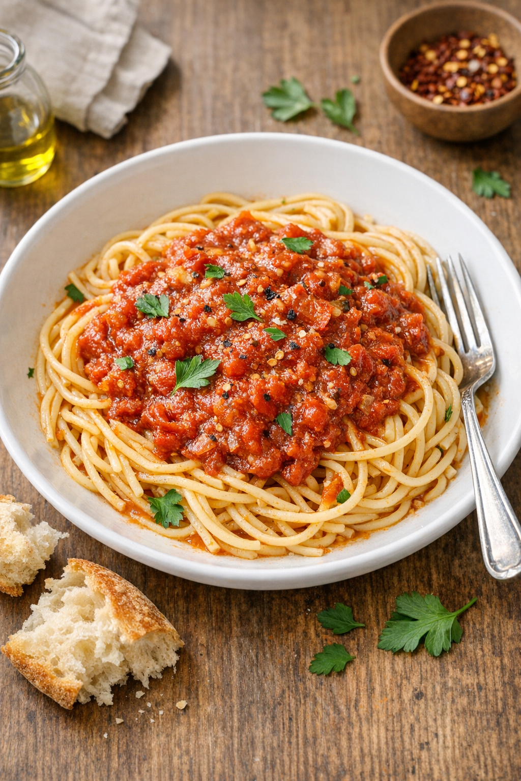 Finished slow cooker anchovy tomato sauce over pasta