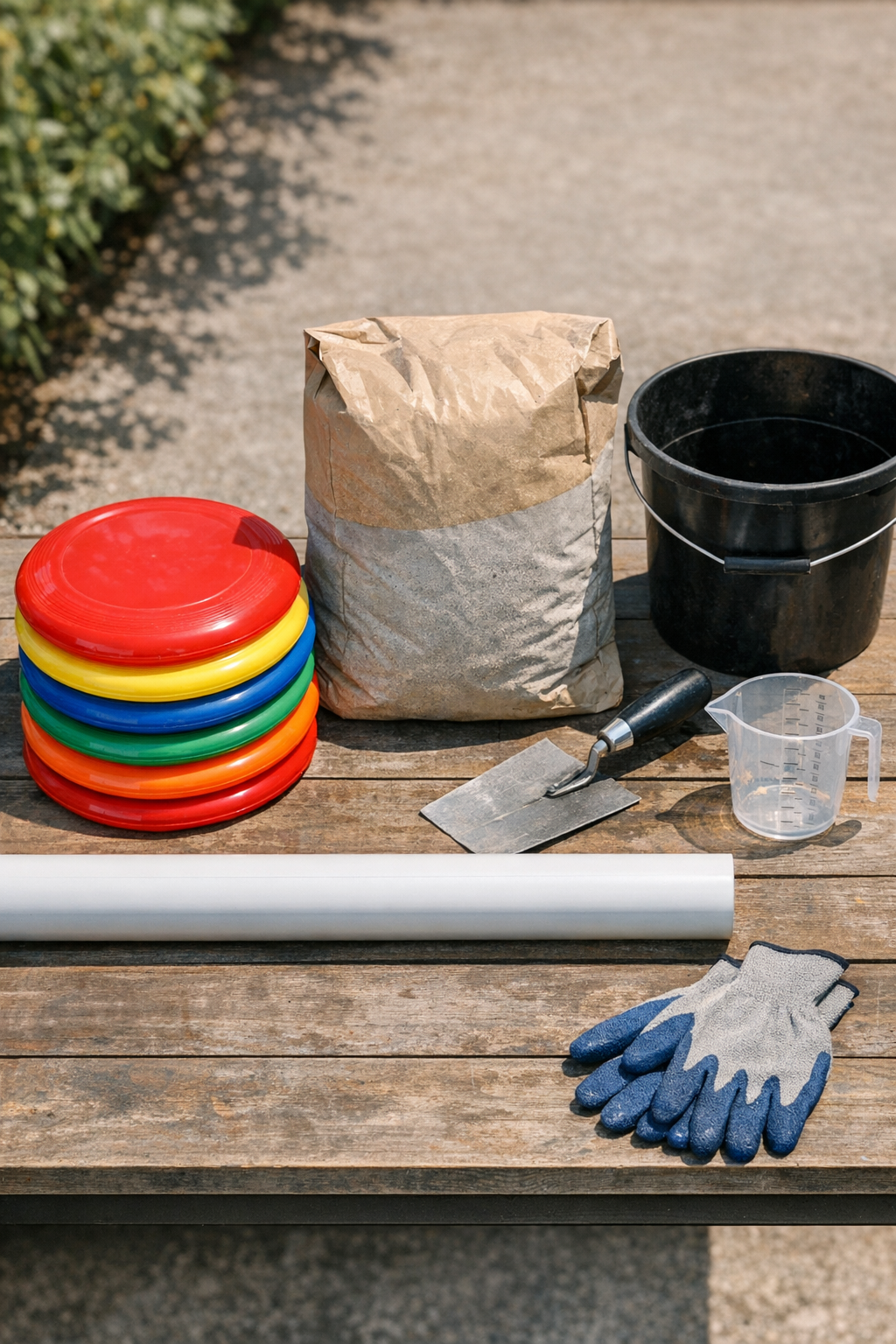 Materials for making tiered cement garden pillars laid out on a work surface