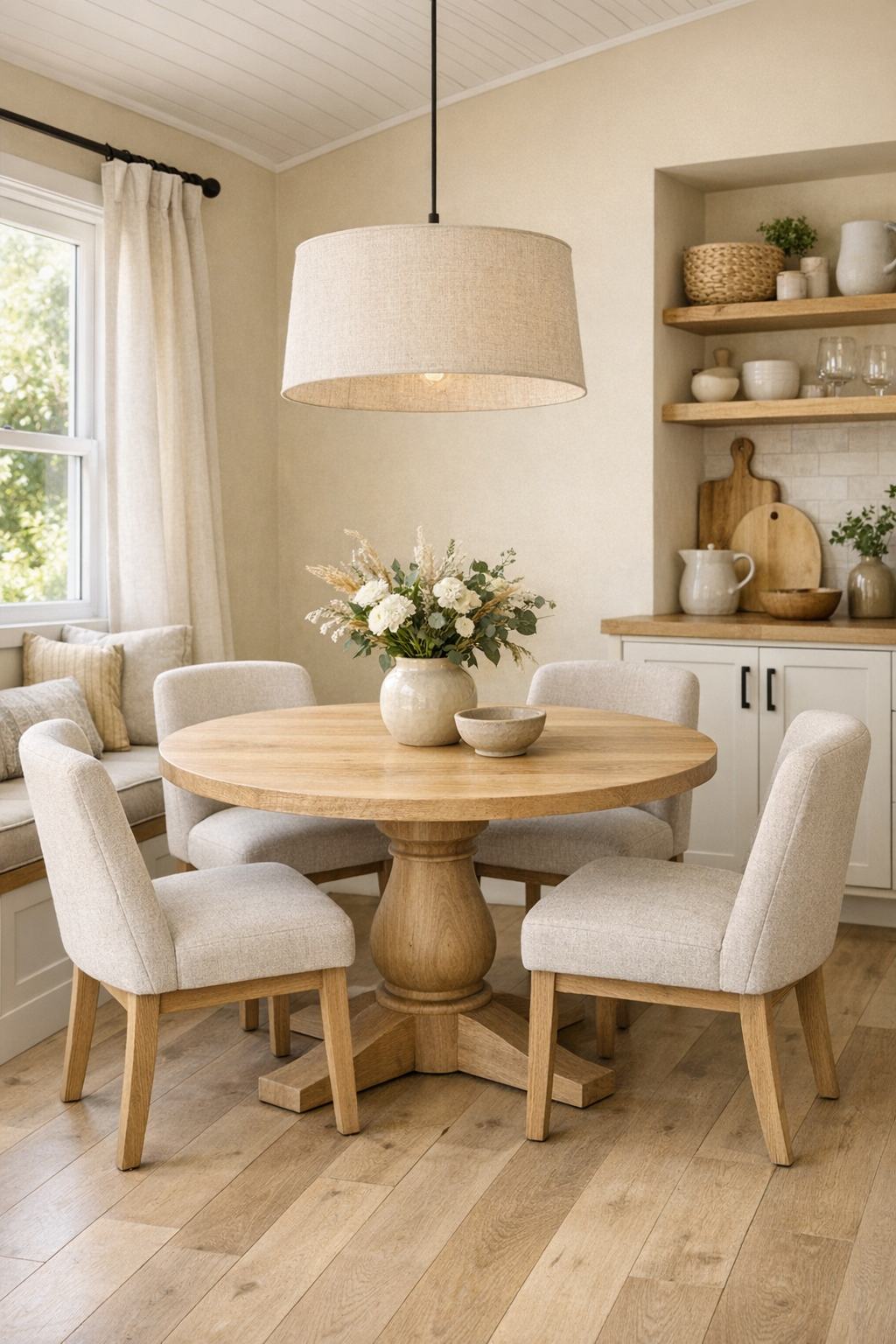 Round dining table in a soft wheat tiny home with built-in sideboard