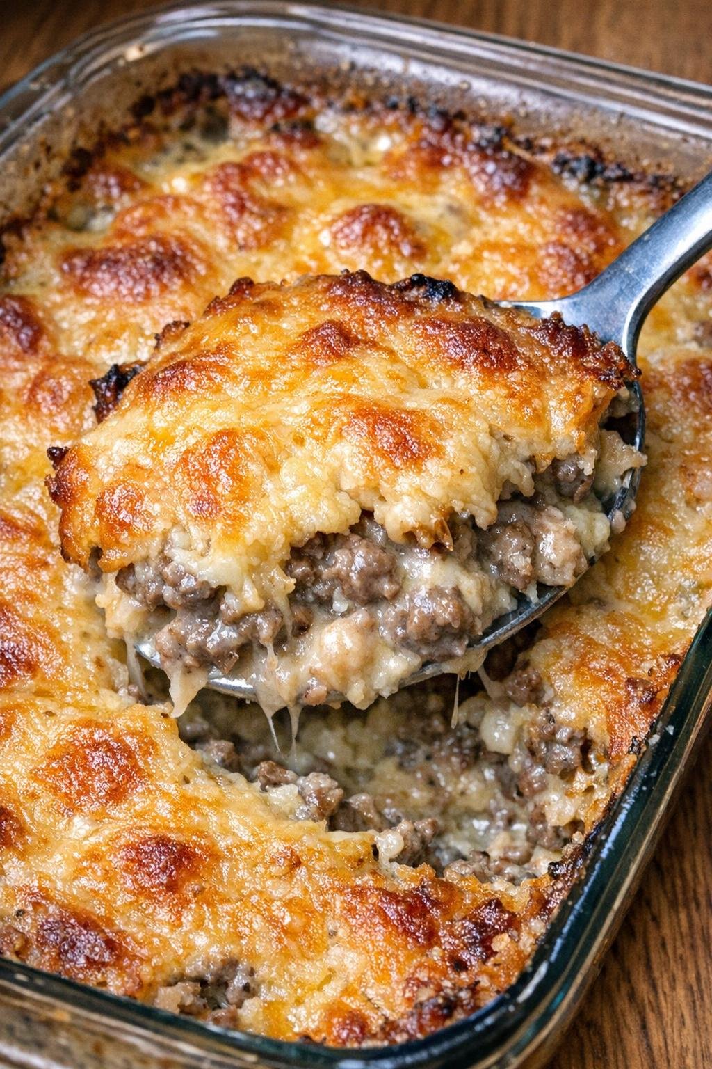 Savory beef casserole with melted cheese in a glass baking dish