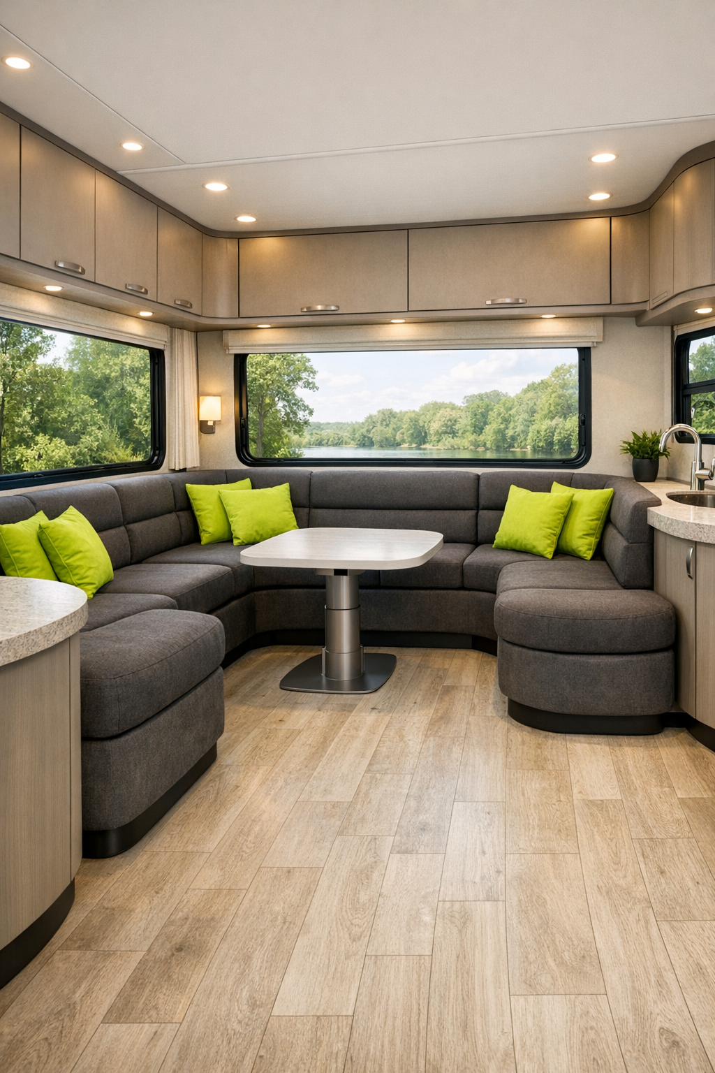 Modern accessible RV living room with charcoal seating and neon green accents