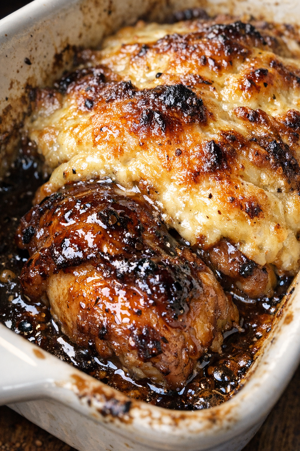 Glazed baked casserole in a ceramic dish
