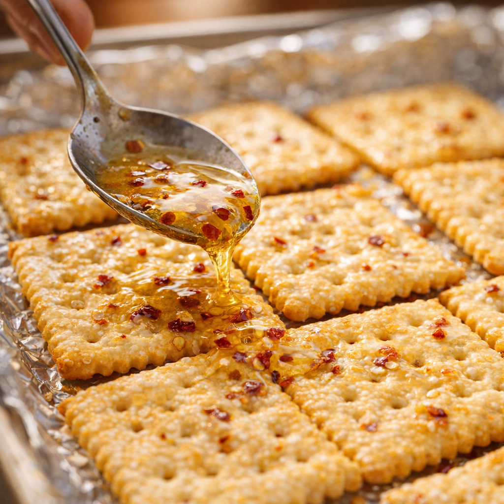 Butter and red pepper flakes being drizzled over saltines