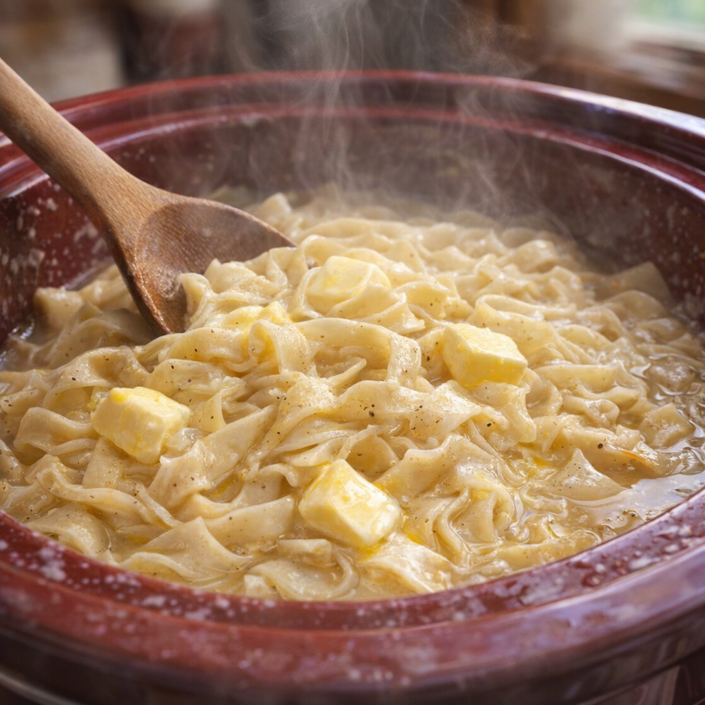 Partially cooked noodles being stirred in the slow cooker