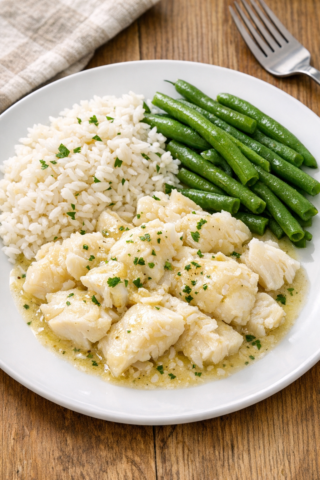 Finished plated slow cooker cod with creamy sauce