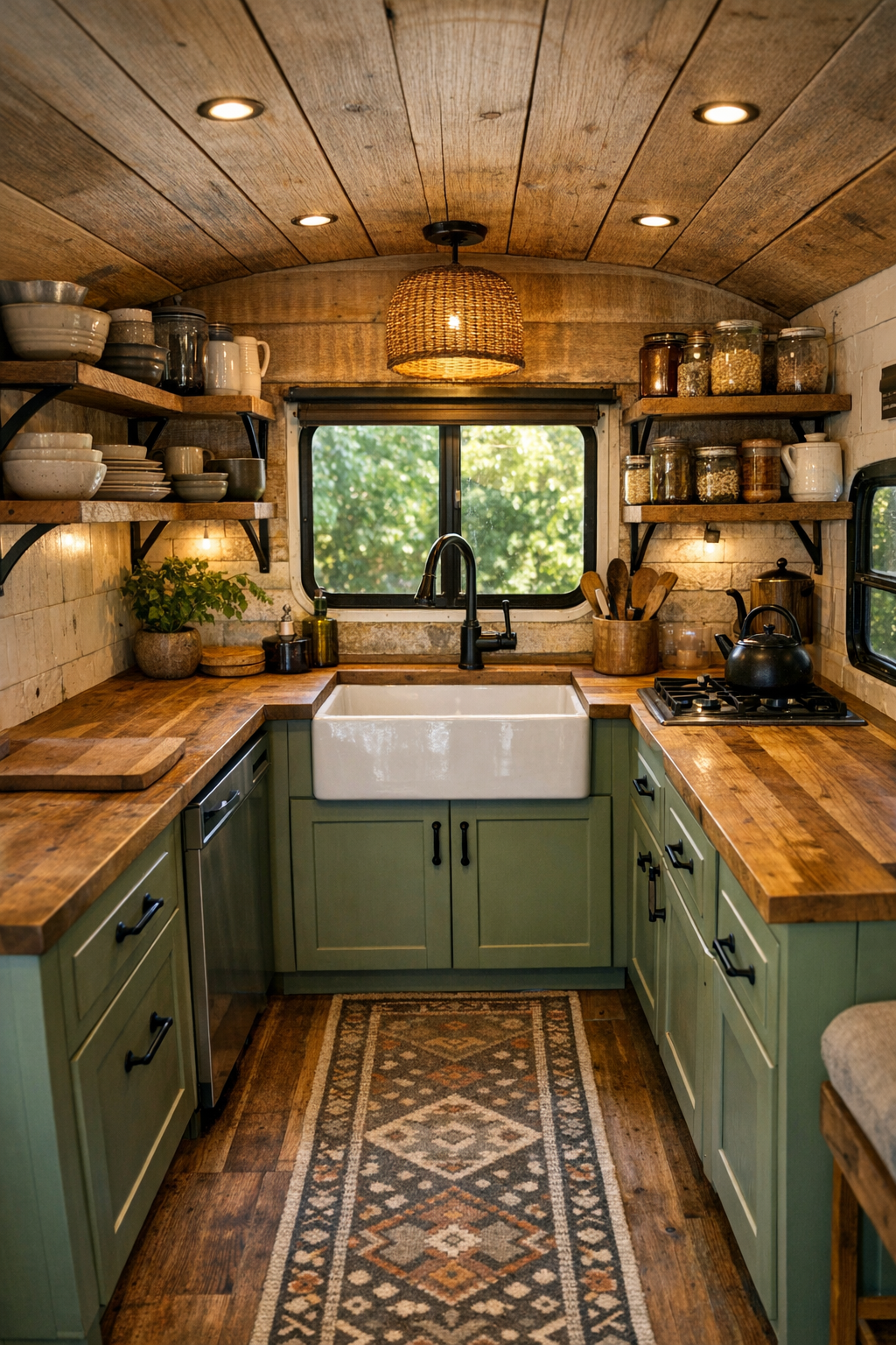 Galley kitchen inside a rustic converted bus with green cabinetry and butcher-block counters