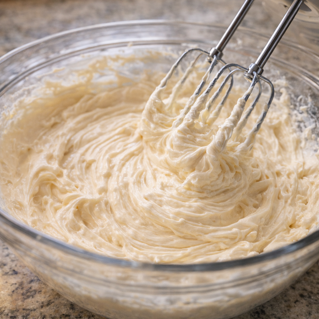 Cream cheese filling being mixed in a bowl