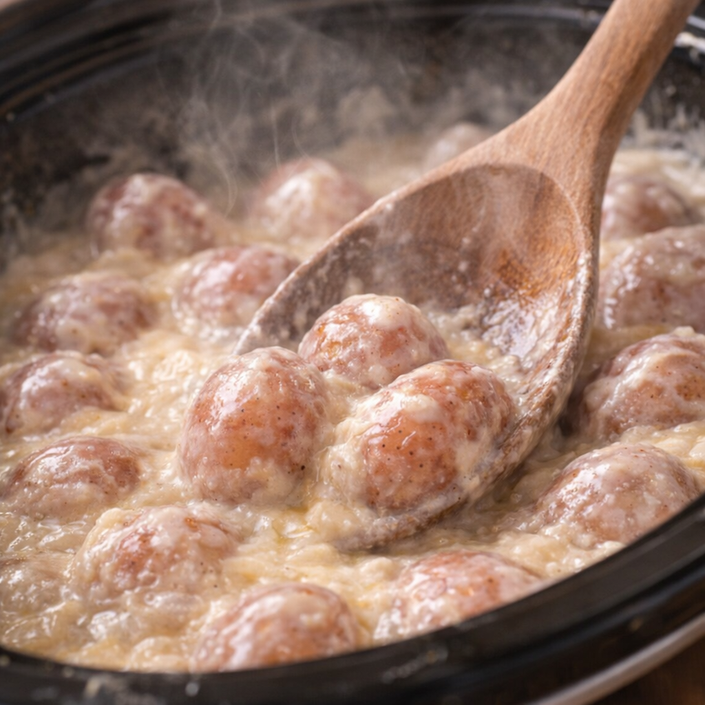 Tender creamed potatoes being stirred in the slow cooker